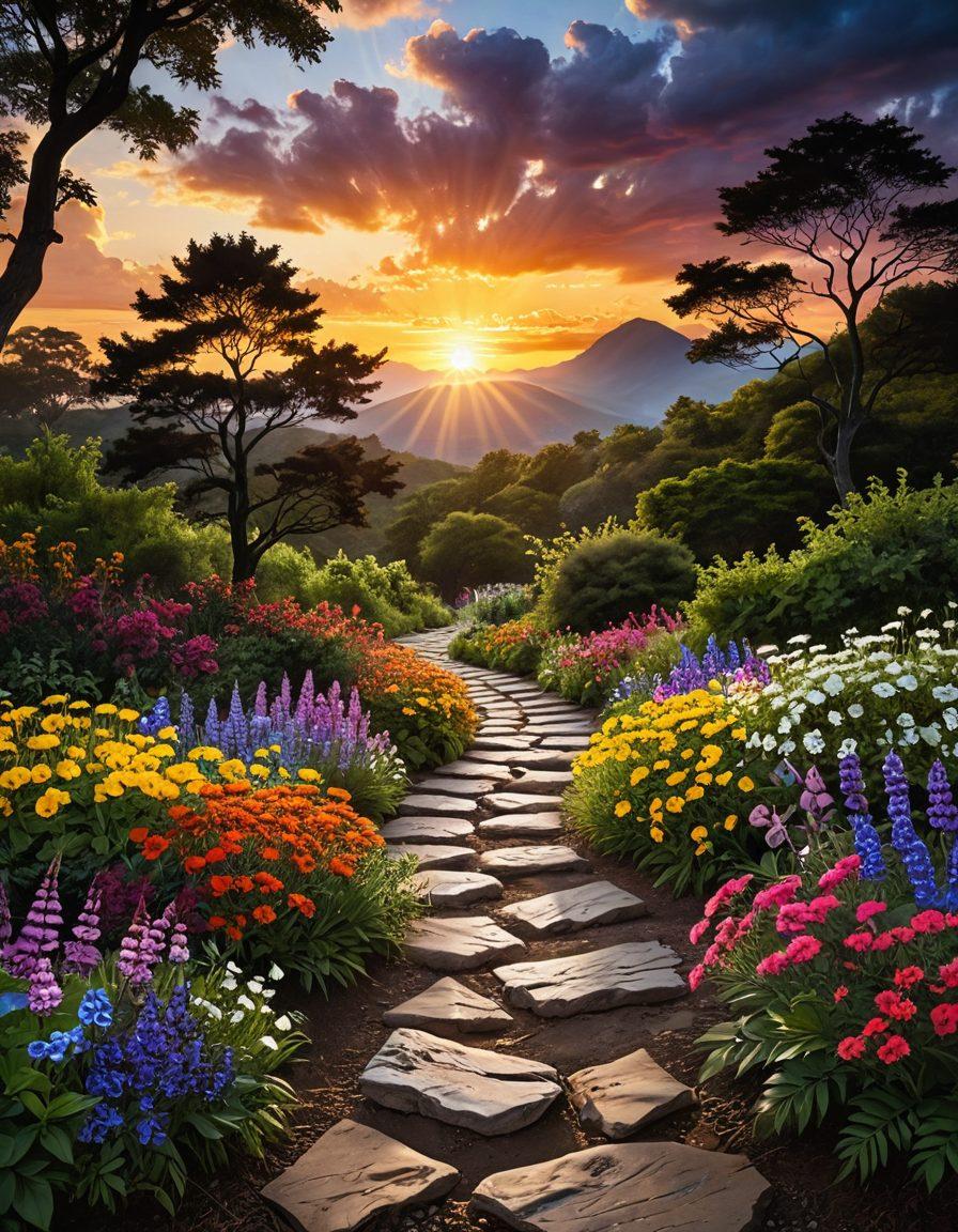 A vibrant sunrise breaking through dark clouds, symbolizing transformation and hope. A path winding through colorful blooming flowers leading towards the dawn, illustrating a joyful journey. Silhouettes of diverse people walking together, radiating joy and positivity. Lush greenery surrounding the path, creating an inviting atmosphere. Bright, energetic colors to evoke feelings of happiness and renewal. super-realistic. vibrant colors. white background.