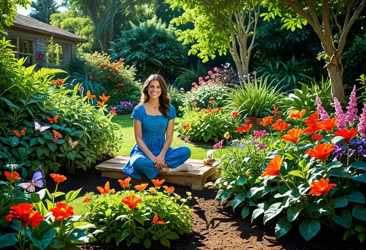 A lush garden scene with vibrant flowers in bloom, sunlight filtering through green foliage, and a person joyfully planting seeds, symbolizing new beginnings. Include elements of laughter and happiness with butterflies fluttering around, embodying a blissful and positive atmosphere. super-realistic. vibrant colors. natural light.